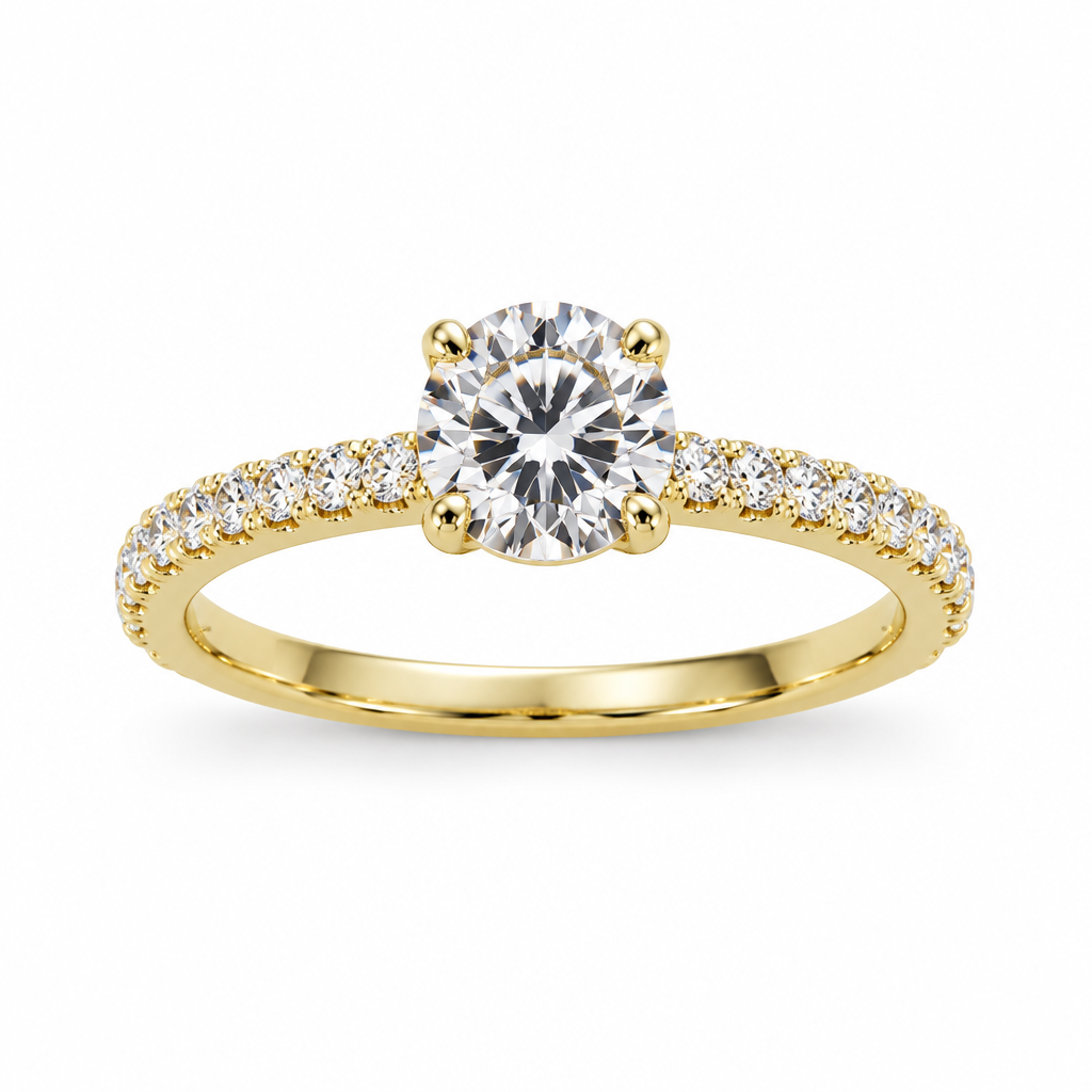 Anillo de oro amarillo 14k con brillante sobre fondo blanco