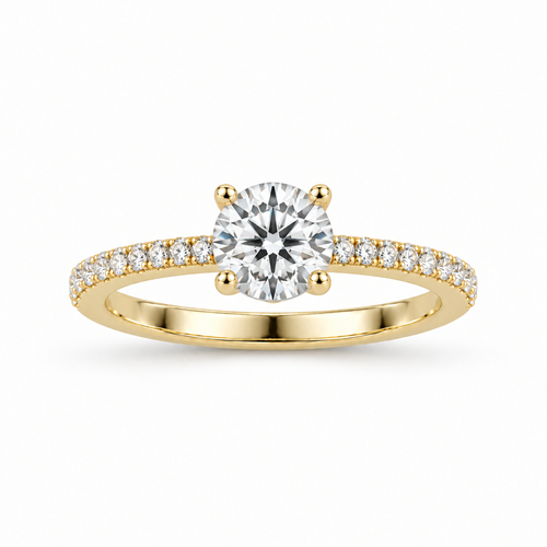Anillo de oro amarillo 14k con el brillante mirando de frente a la cámara