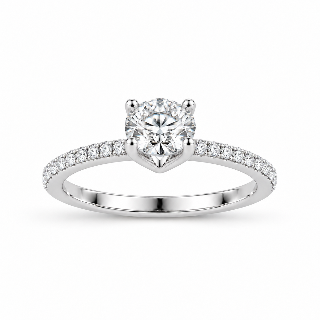 Anillo de oro blanco 14k con brillante central y pavé en la banda