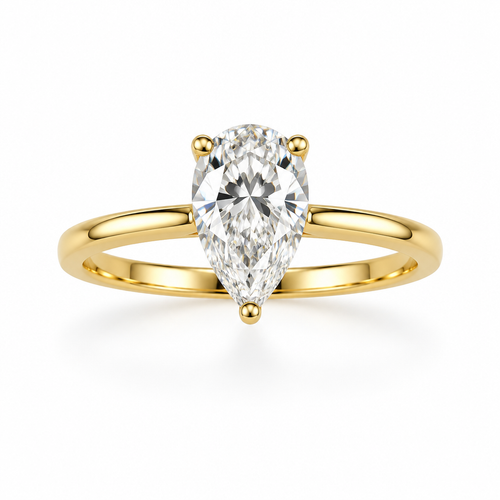 Solitario de oro amarillo 14k con brillante redondo, inclinado hacia arriba, fondo blanco
